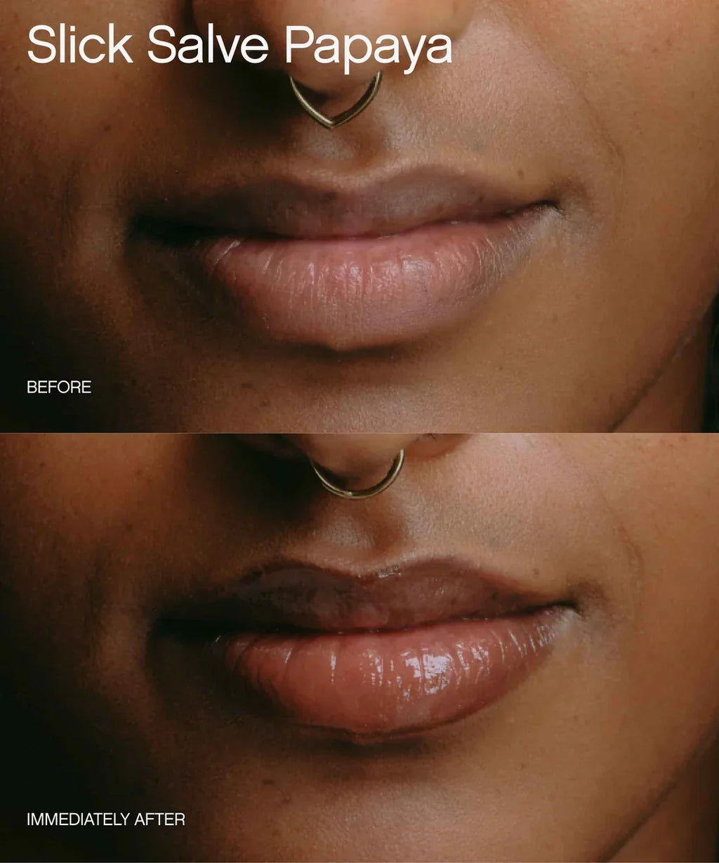 Vertical before-and-after of lips, dry on top and immediately glossy and hydrated on the bottom after Topicals Slick Salve Papaya moisturizing lip balm.