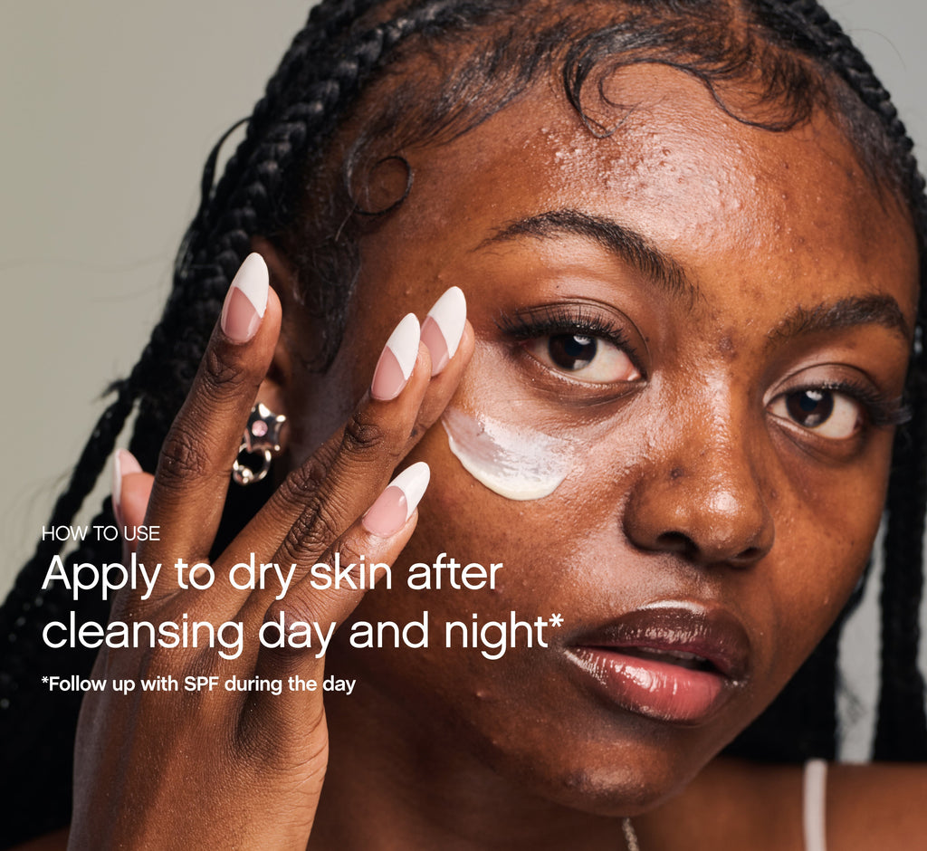 Person dabbing Topicals Faded under their eye, with usage directions to apply this serum for hyperpigmentation morning and night after cleansing.
