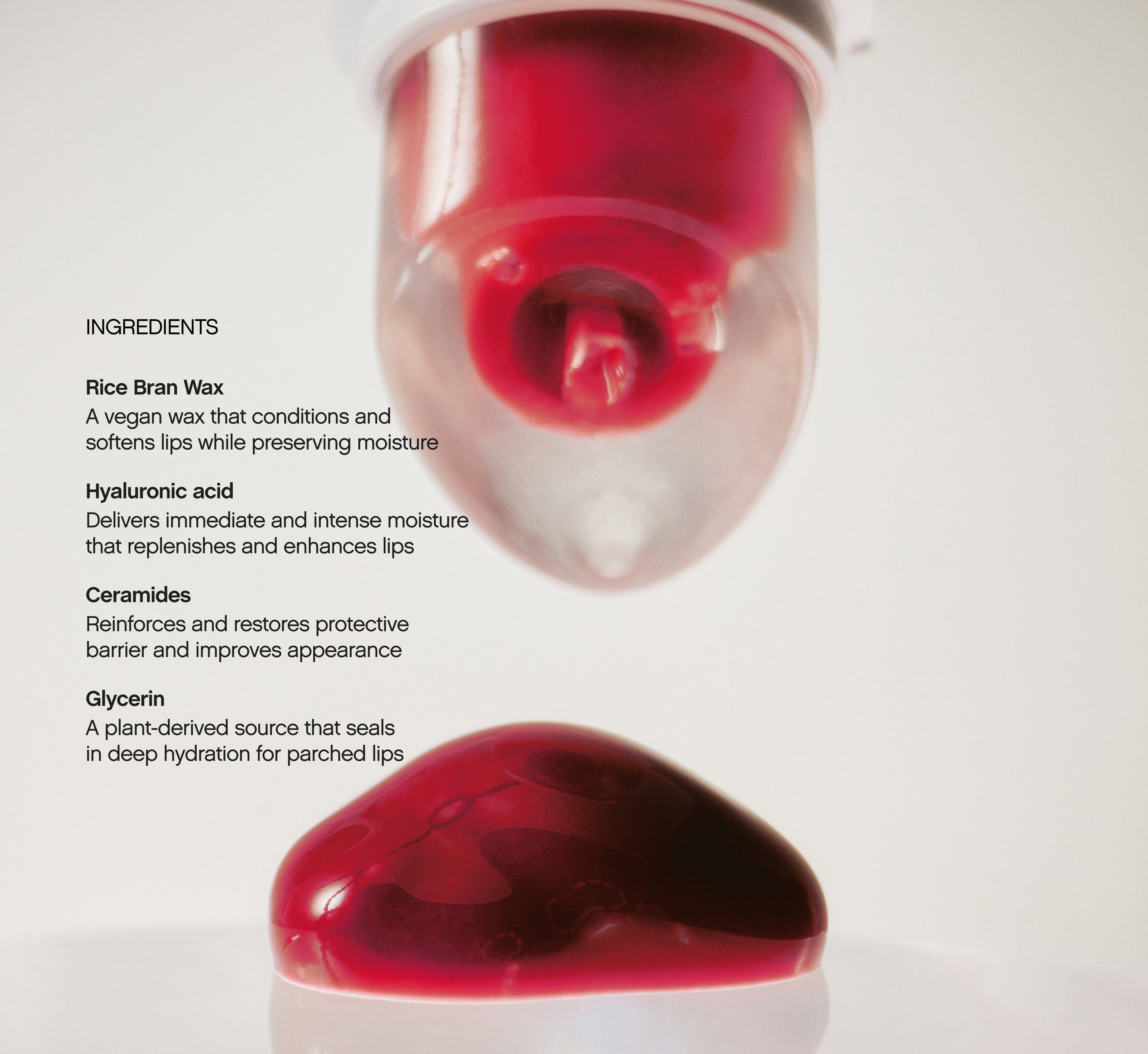 Moisturizing lip balm ingredients callout showing a close-up of deep red Topicals Slick Salve formula with details on rice bran wax, hyaluronic acid, ceramides, and glycerin.