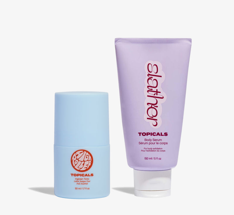 Body care duo from Topicals featuring the High Roller Ingrown Tonic in light blue alongside the Slather Body Serum in lavender displayed side by side on a white background.