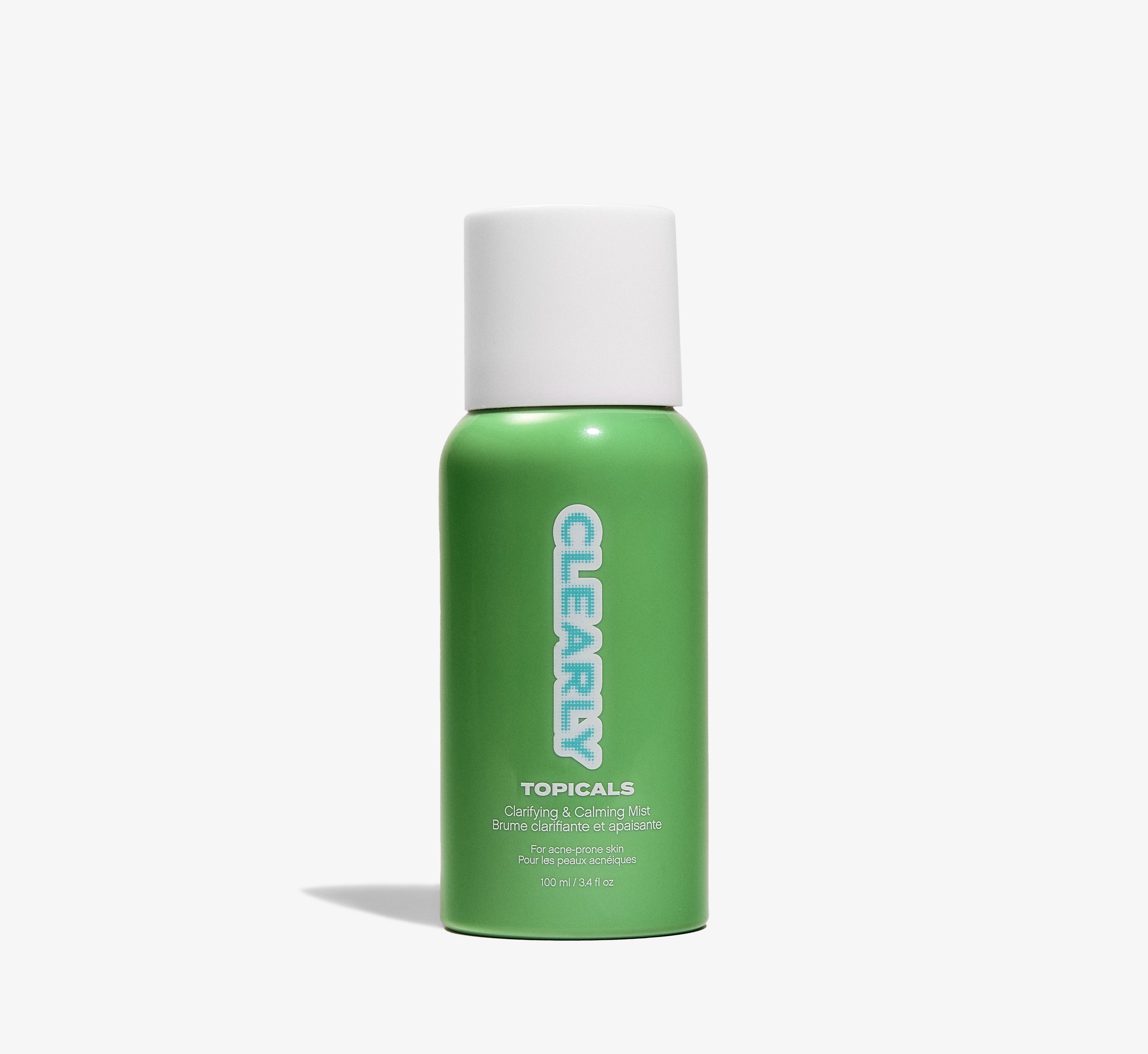 Acne mist from Topicals Clearly shown as a single green 100ml spray bottle with teal pixelated branding on a white background.