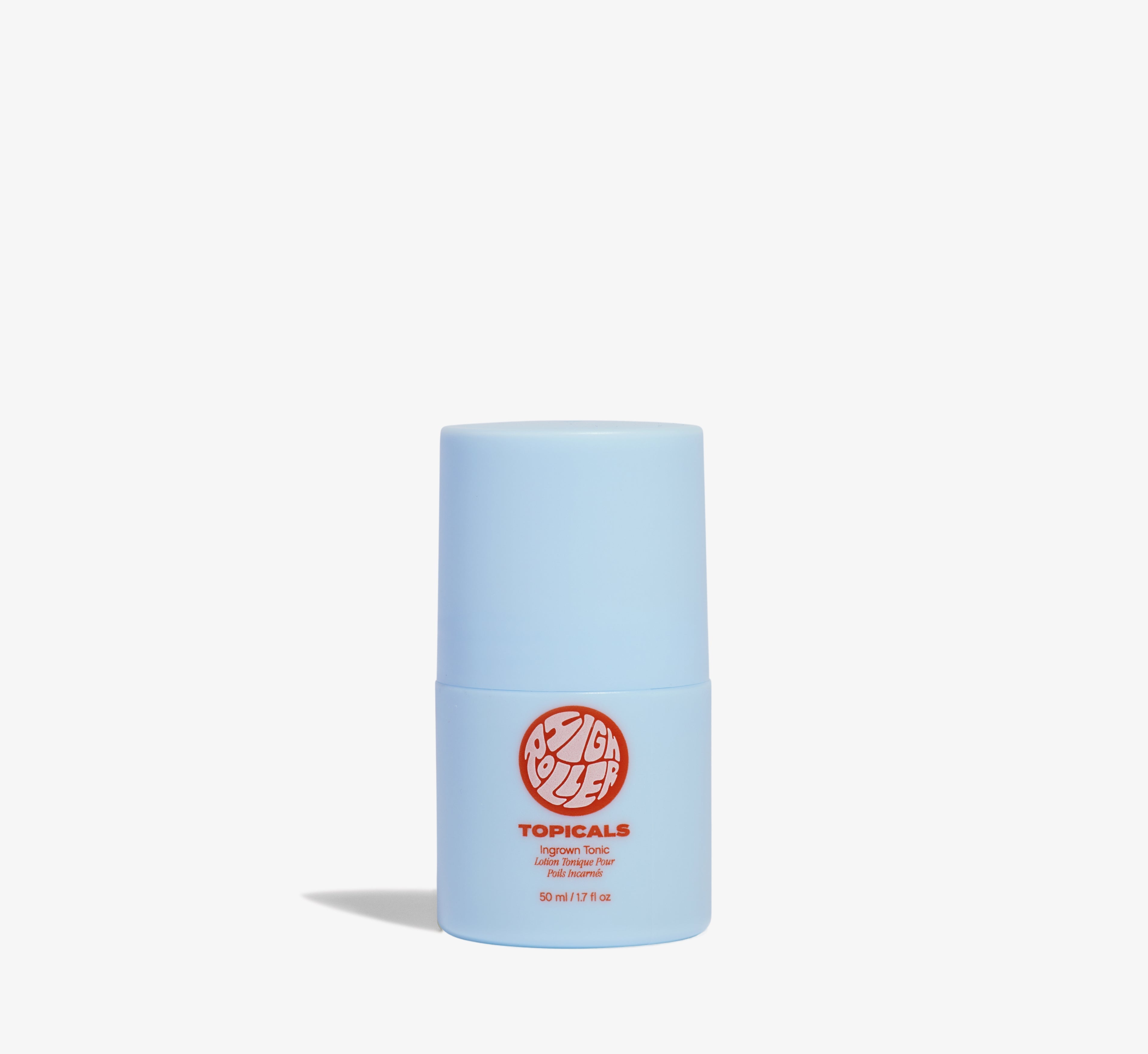 Ingrown hair treatment from Topicals High Roller shown as a single light blue cylindrical 50ml bottle on a white background.