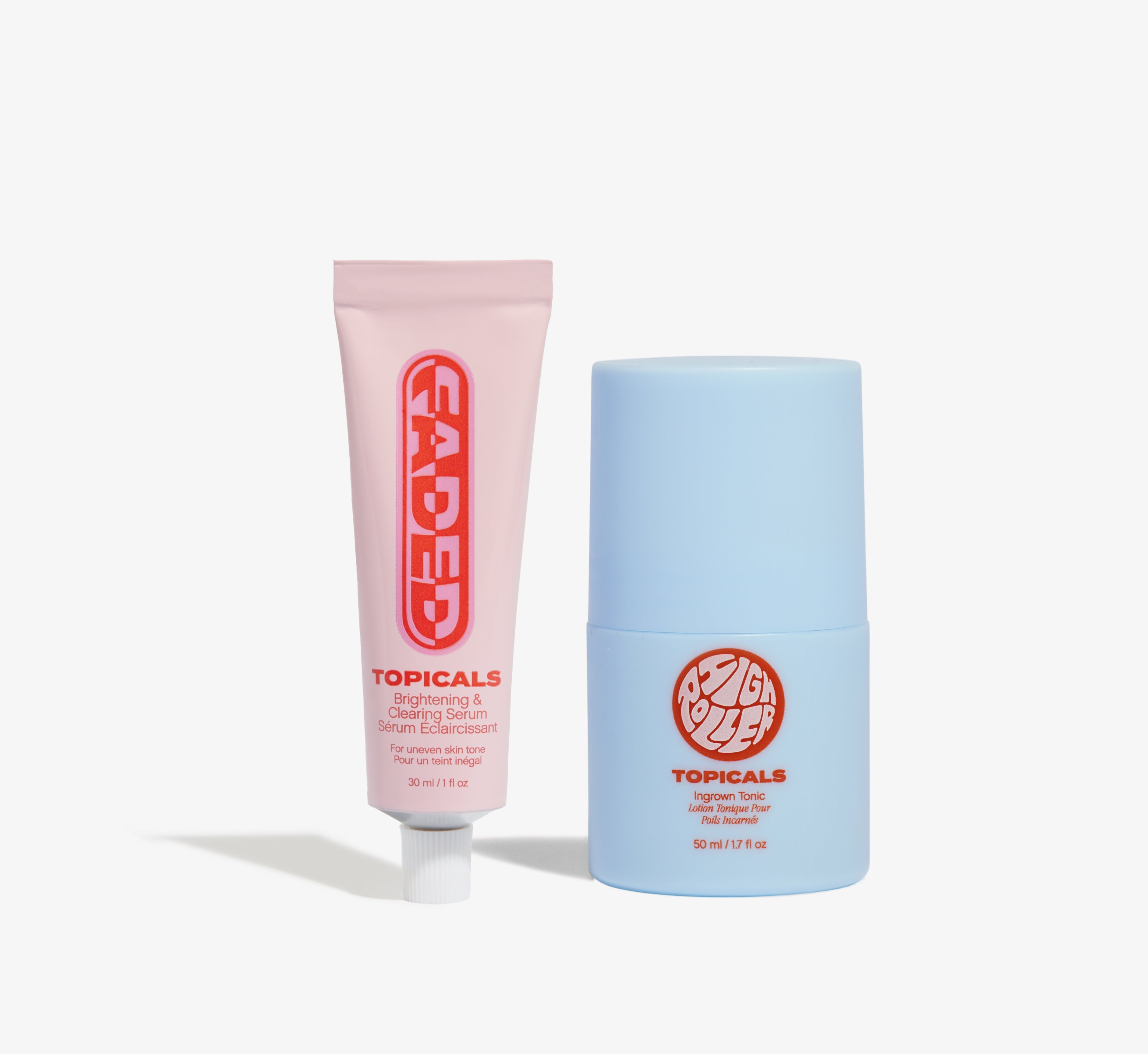 Dark spot and ingrown hair skincare duo from Topicals featuring the Faded Brightening & Clearing Serum tube and High Roller Ingrown Tonic side by side on a white background.