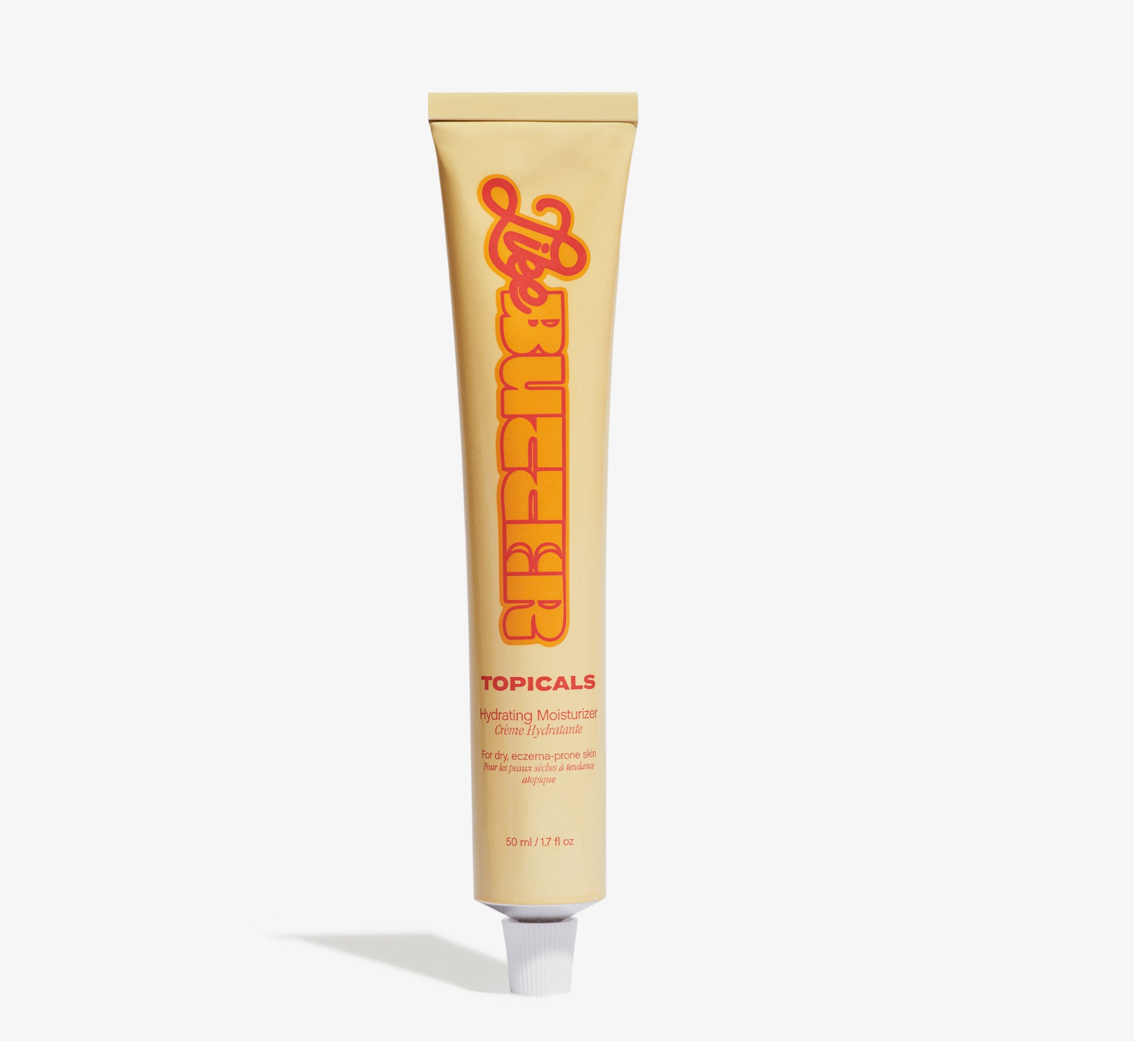 Moisturizer for dry skin from Topicals Like Butter shown as a single yellow 50ml tube with bold orange retro branding on a white background.