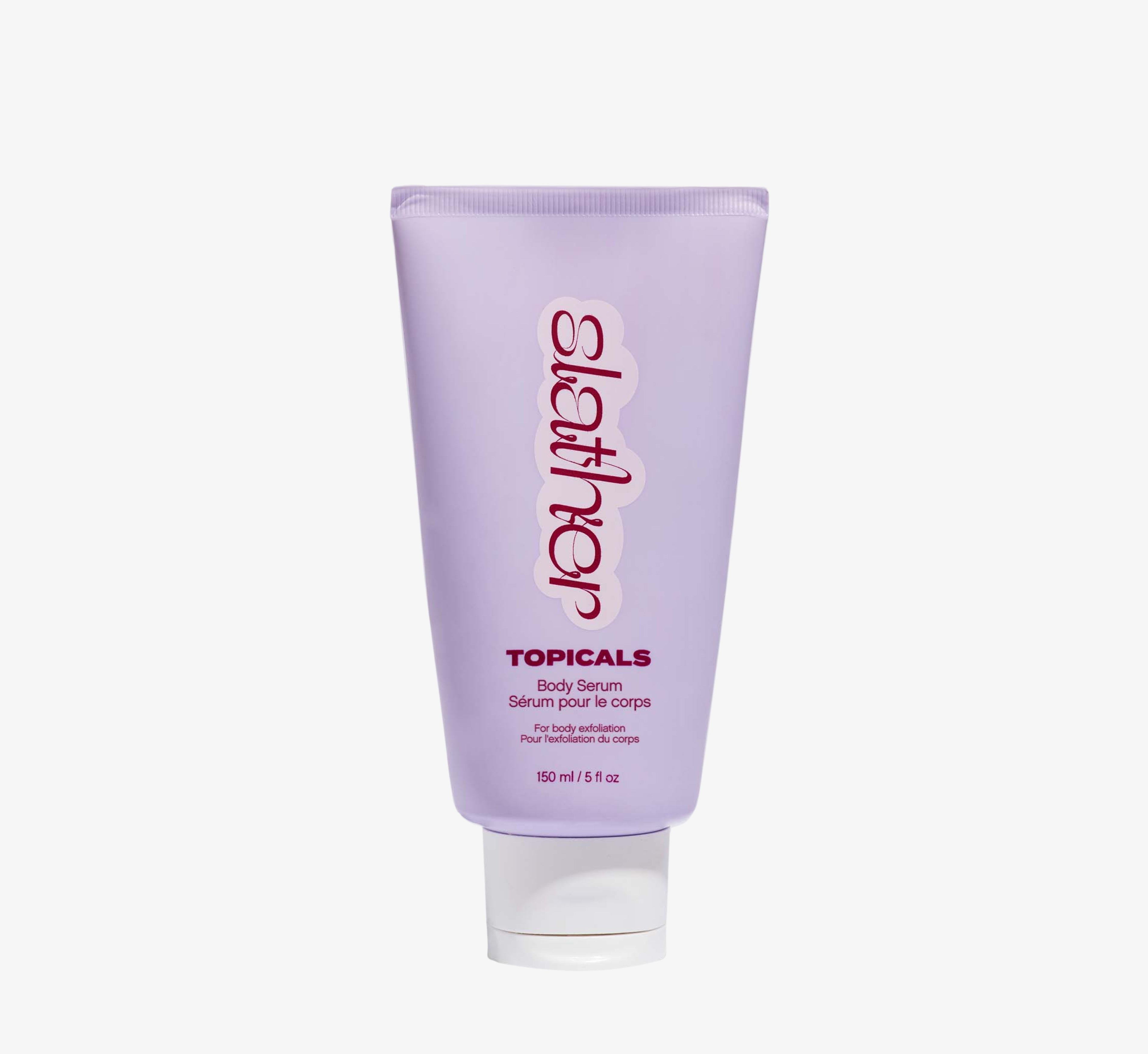 Exfoliating body serum from Topicals Slather shown as a single lavender 150ml tube standing upright on a white background.